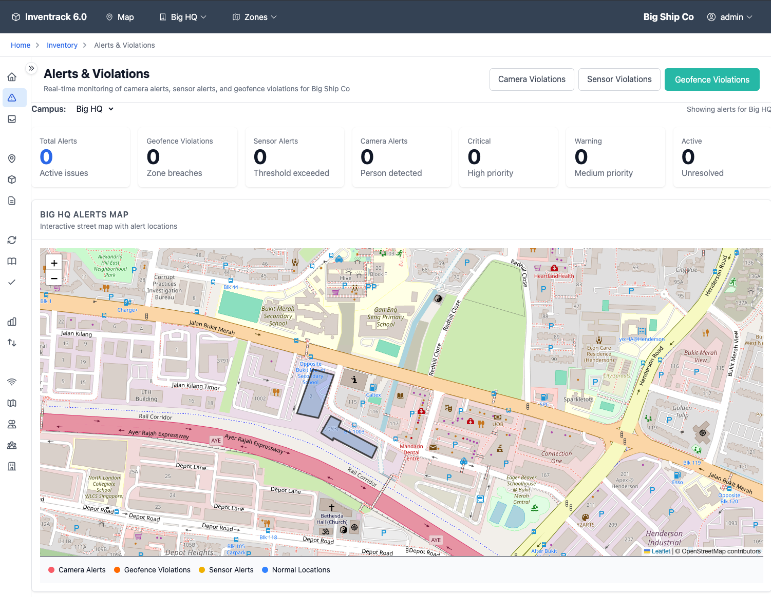 Alerts and violation management dashboard showing real-time notifications and monitoring interface