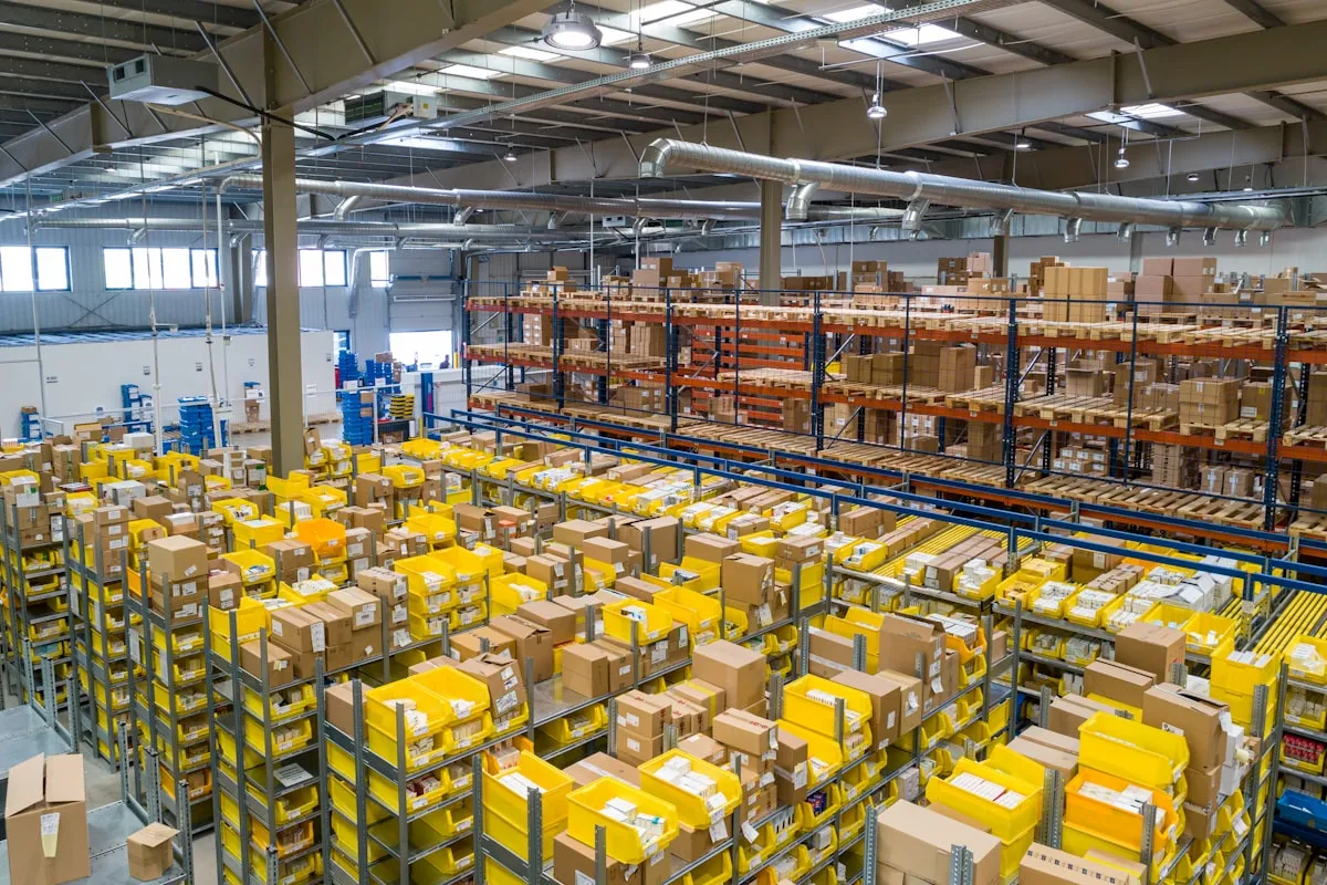 Modern warehouse with AI-powered edge computing systems showing real-time data processing